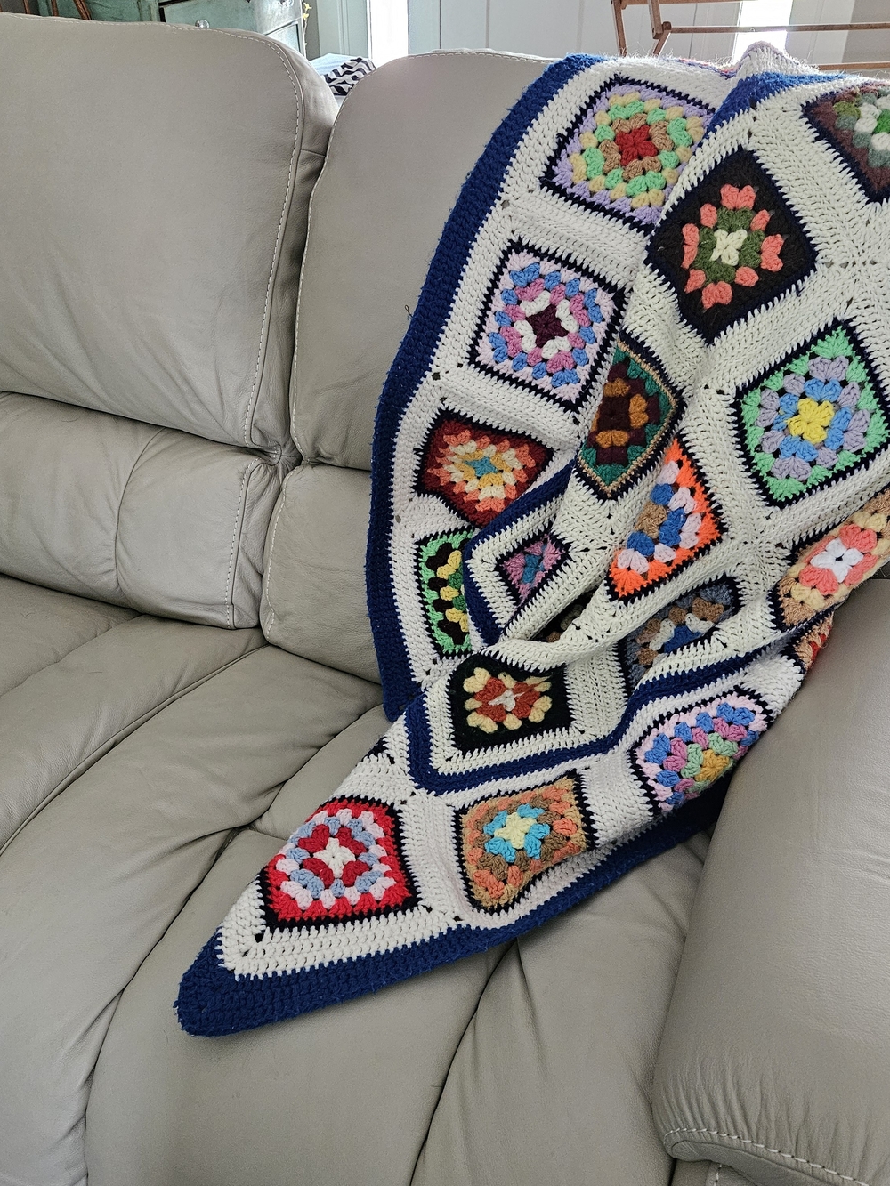 Handmade Cozy Crochet Granny Square Blanket, Fair Vintage Condition